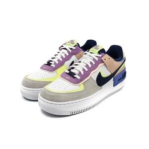 Nike Air Force 1 Shadow Sneakers in White, Gray, Purple & Neon Yellow